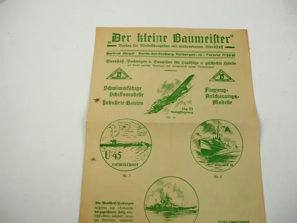 Der kleine Baumeister Modellbau Pläne Schiffe Flugzeuge Liste 1941/42