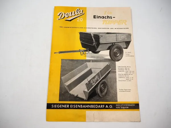 Deula 20 Einachs Kipper für Gespann und Schlepperzug Prospekt 1930/40er J. #1