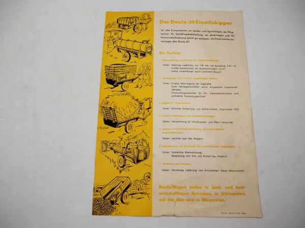 Deula 20 Einachs Kipper für Gespann und Schlepperzug Prospekt 1930/40er J. #1