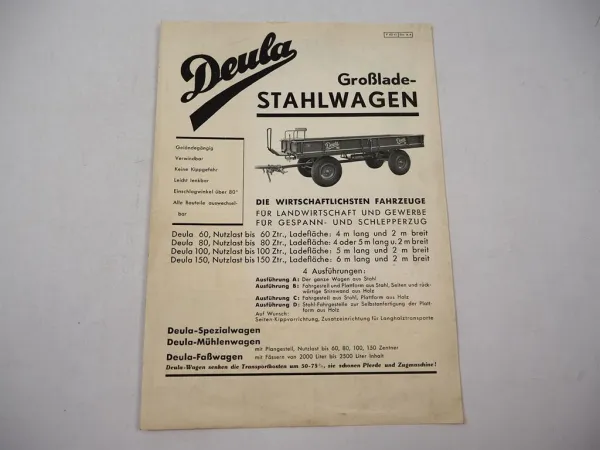 Deula 60 80 100 150 Ladewagen für Gespann und Schlepperzug Prospekt 1930/40er J.