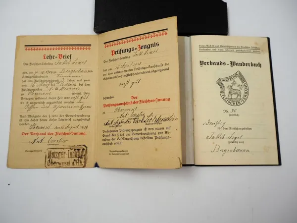 Deutscher Fleischer Verband Lehrbrief & Wanderbuch 1929 Bergenhausen Simmern