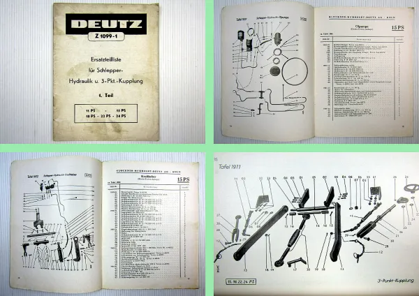 Deutz 11 bis 24 PS Schlepper Ersatzteilliste Hydraulik und 3 Punkt Kupplung 1956