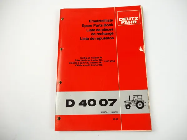 Deutz D 4007 Traktor Ersatzteilliste Spare Parts Book Liste de pieces 1980