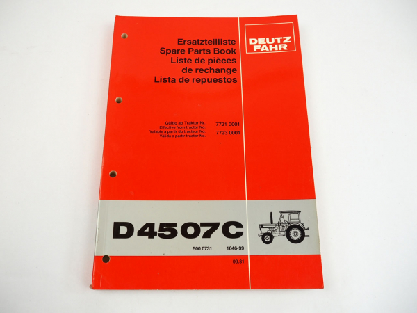 Deutz D 4507C Traktor Ersatzteilliste Ersatzteilkatalog Spare Parts Book 1981