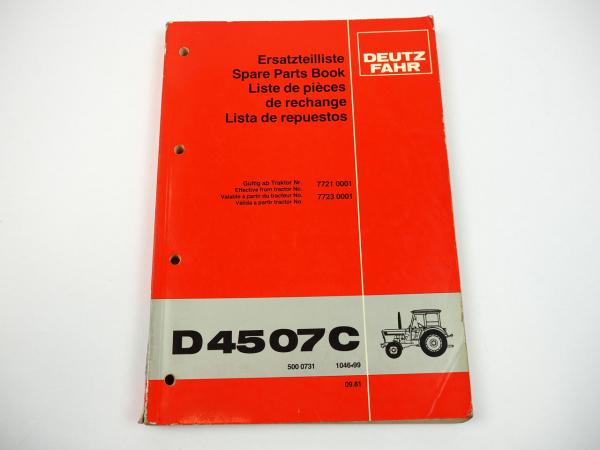 Deutz D 4507C Traktor Ersatzteilliste Ersatzteilkatalog Spare Parts Book 1981