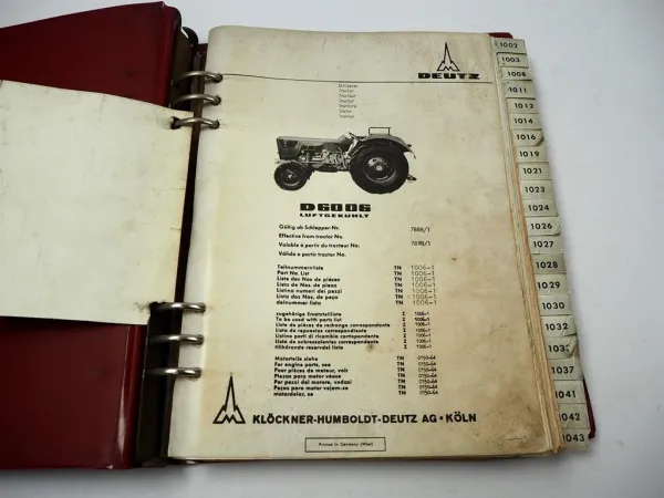 Deutz D 6006 Schlepper Ersatzteilliste Teilenummernliste 1968 - 69 TN1006-1