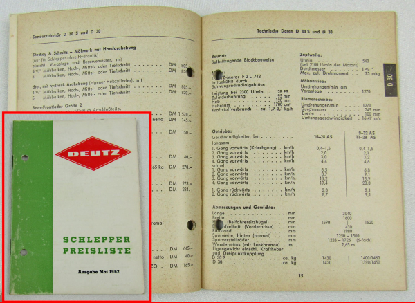 Deutz D15 D25 D30 D40 D40 D50 F3L / F4L 514 Dieselschlepper Preisliste Mai 1962