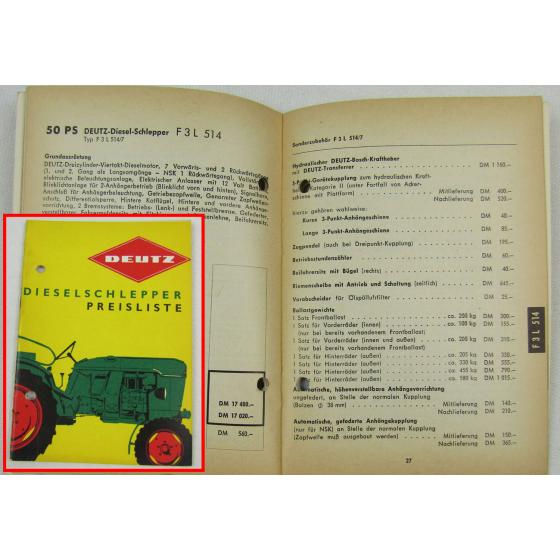 Deutz D15 D25 D30 D40 D40S D50 F3L / F4L 514 Dieselschlepper Preisliste 2/1962