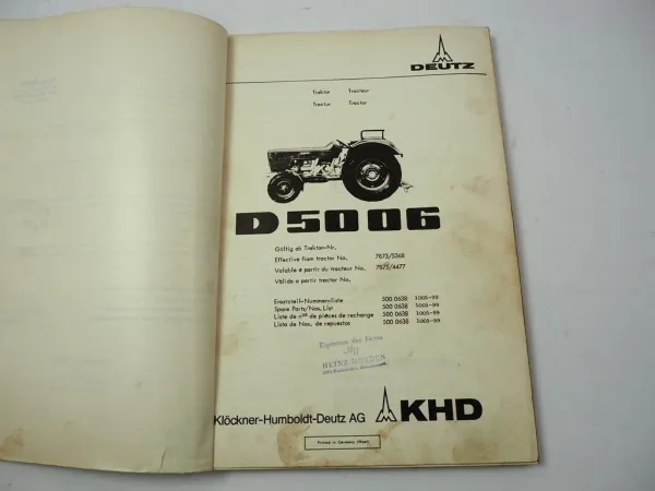 Deutz D5006 Schlepper Ersatzteilliste Parts List Ersatzteilkatalog 1972/73