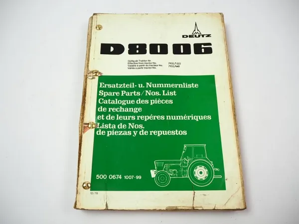 Deutz D8006 Traktor Ersatzteilliste Ersatzteilkatalog Spare Parts List 1976