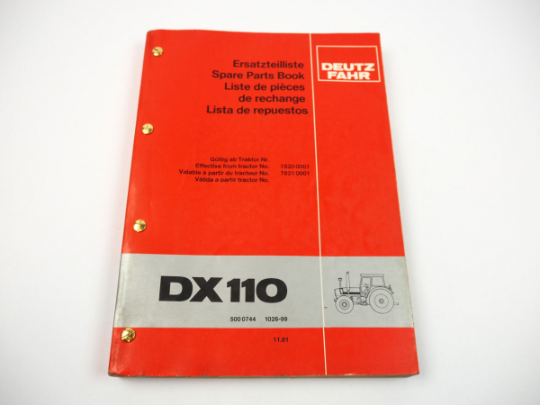 Deutz DX 110 Synchro Traktor Schlepper Ersatzteilliste 11/1981 Ersatzteilkatalog