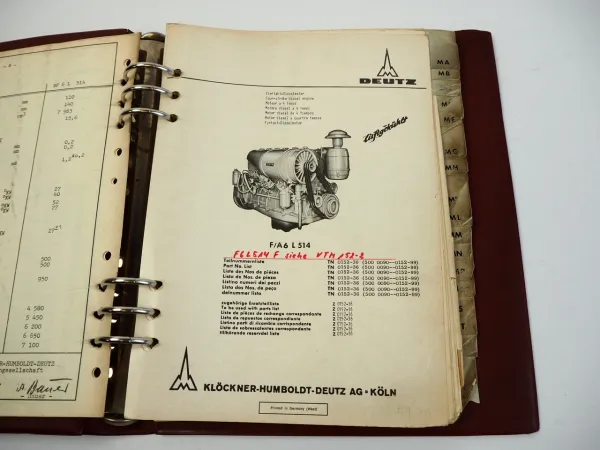 Deutz F A 6L 514 Dieselmotor Ersatzteilliste Teilenummernliste 1974 TN0152-36