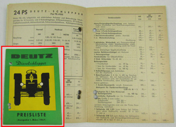 Deutz F1L F2L F3L F4L 712 612 514 / 11 18 24 30 45PS Schlepper Preisliste 3/1957