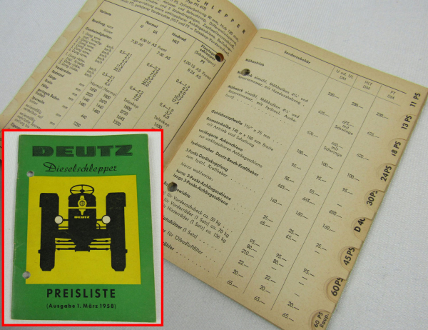 Deutz F1L F2L F3L F4L 712 612 514 D40 11 13 18 24 PS Schlepper Preisliste 3/1958