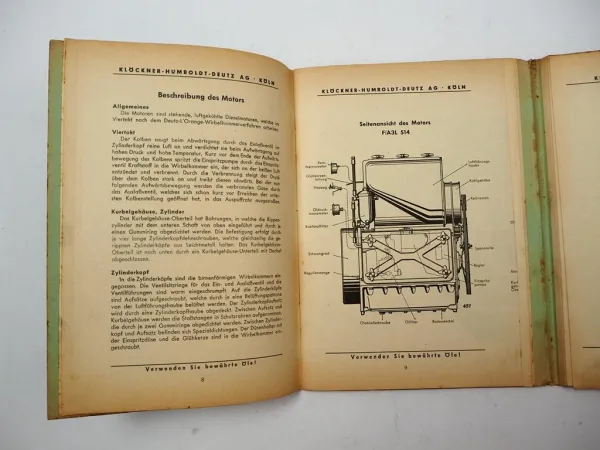 Deutz F2L A2L F3L A3L 514 Dieselmotor Betriebsanleitung Ersatzteilliste 1956