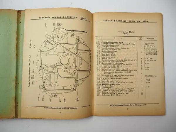 Deutz F2L A2L F3L A3L 514 Dieselmotor Betriebsanleitung Ersatzteilliste 1956