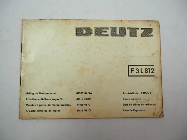 Deutz F3L 812 Motor Ersatzteilliste Parts List Pieces de rechange
