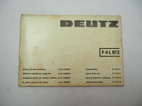 Deutz F4L 812 Motor Ersatzteilliste Spare Parts List Liste de pieces de rechange