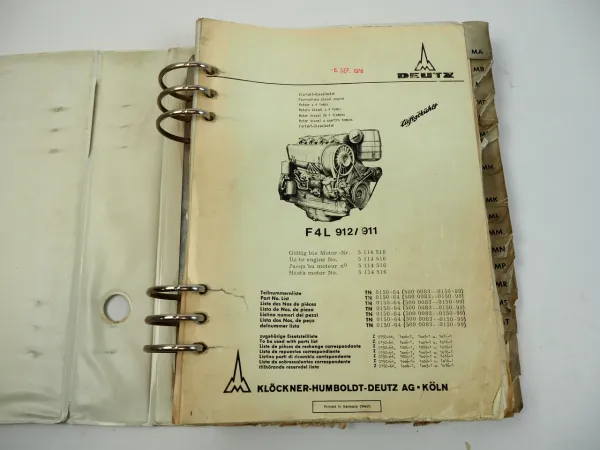 Deutz F4L 912 911 Dieselmotor Ersatzteilliste 1971 Deutz D5506 D6006 TN0150-64