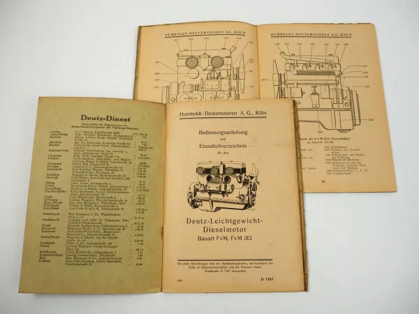 Deutz F4M F6M 313 Motor Betriebsanleitung Ersatzteilliste 1938