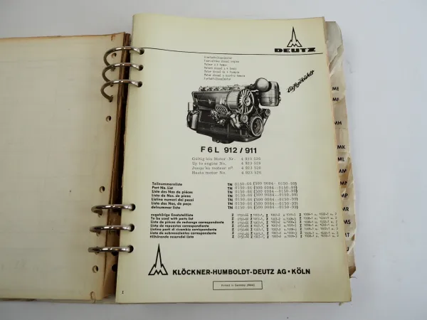 Deutz F6L 912 911 Dieselmotor Ersatzteilliste 1970er J. D7506 - D10006 TN0150-66