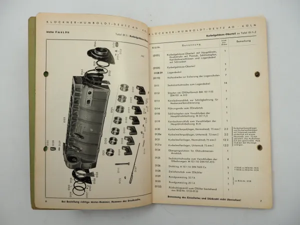 Deutz F6L A6L 514 Dieselmotor Ersatzteilliste Ersatzteilkatalog 1956