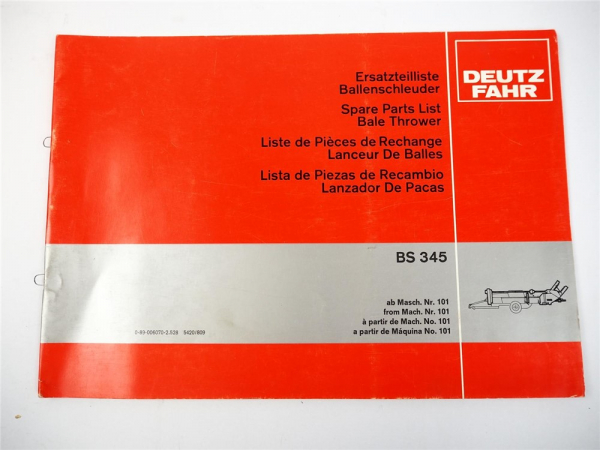 Deutz Fahr BS 345 Ballenschleuder Ersatzteilliste 1980 Spare Parts List