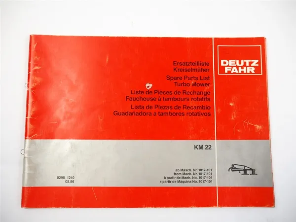 Deutz Fahr KM22 Kreiselmäher Ersatzteilliste Spare Parts List 05/1986