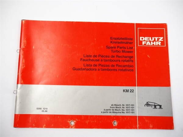 Deutz Fahr KM22 Kreiselmäher Ersatzteilliste Spare Parts List 5/1986
