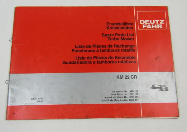 Deutz Fahr KM22CR Kreiselmäher Ersatzteilliste Spare Parts List 6/1986