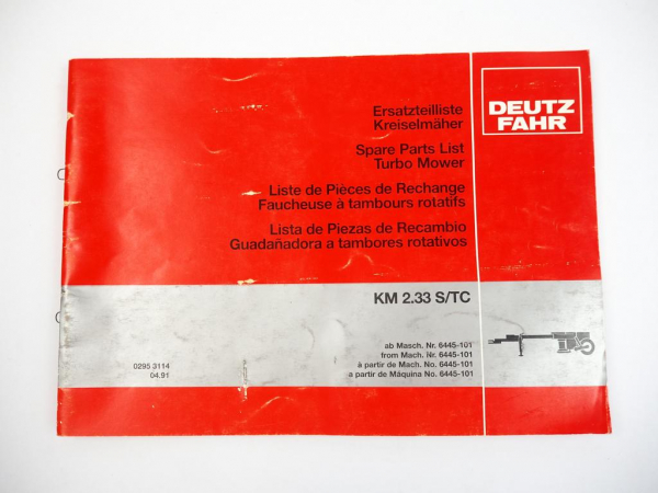 Deutz Fahr KM2.33 S/TC Kreiselmäher Ersatzteilliste Spare Parts List 1991