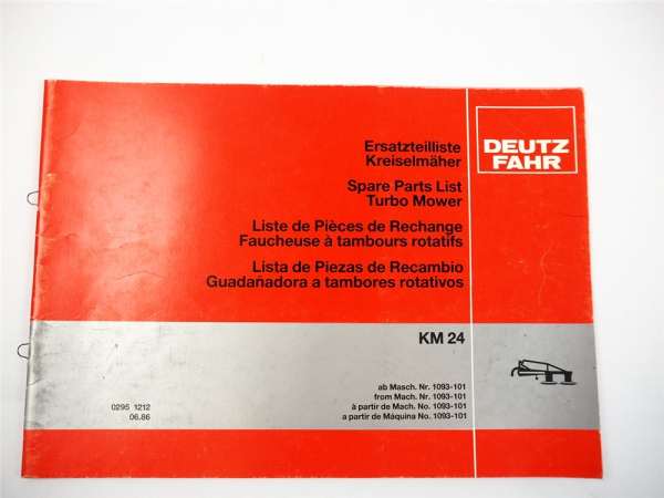 Deutz Fahr KM24 Kreiselmäher Ersatzteilliste Spare Parts List 6/1986