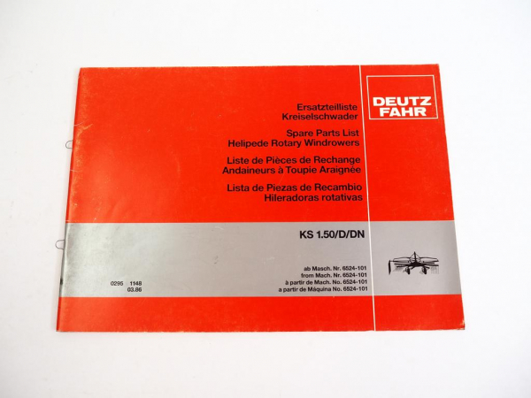 Deutz Fahr KS 1.50 D DN Kreiselschwader Ersatzteilliste Spare Parts List 1986