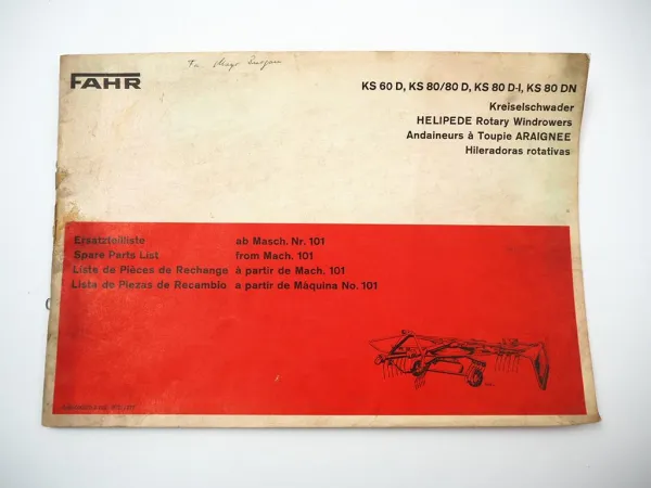 Deutz Fahr KS 60 80 D D-I DN Kreiselschwader Ersatzteilliste Parts List 1977