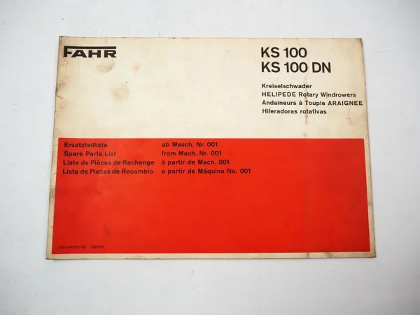 Deutz Fahr KS100 DN Kreiselschwader Ersatzteilliste Spare Parts List 1977