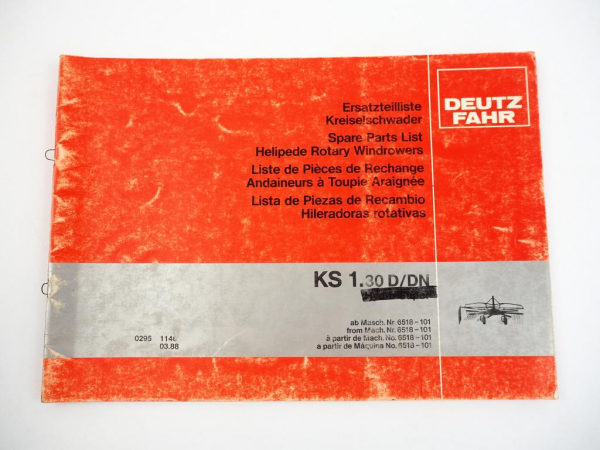 Deutz Fahr KS1.30 D DN Kreiselschwader Ersatzteilliste Spare Parts List 1988