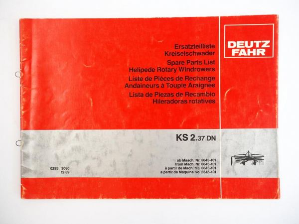 Deutz Fahr KS2.37 DN Kreiselschwader Ersatzteilliste Spare Parts List 1989