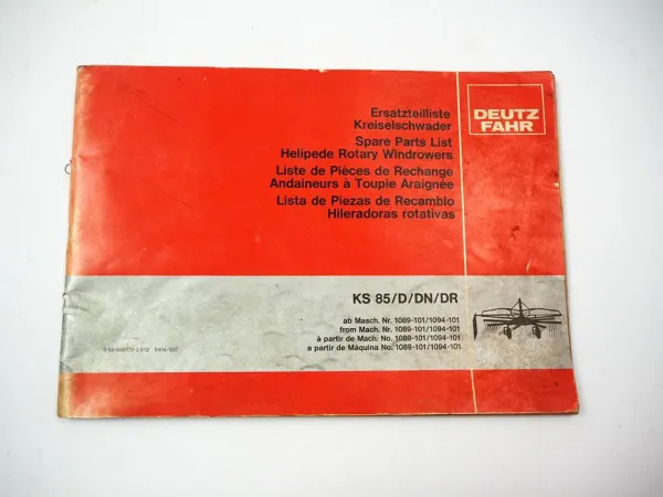 Deutz Fahr KS85 D DN DR Kreiselschwader Ersatzteilliste Spare Parts List 1983