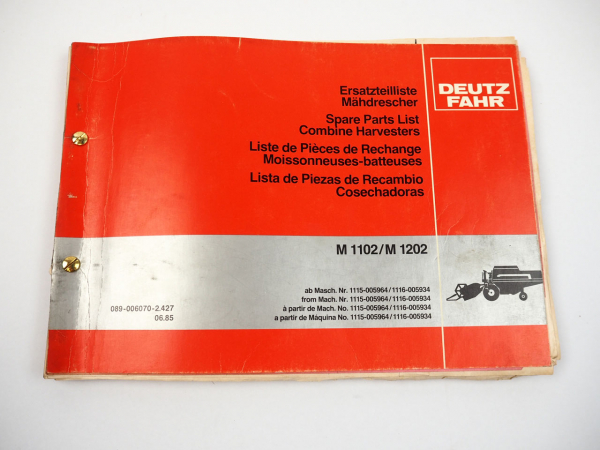 Deutz Fahr M 1102 1202 Ersatzteilliste Spare Parts List 1985