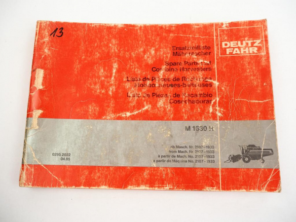 Deutz Fahr M1630H Mähdrescher Ersatzteilliste Spare Parts List 1985