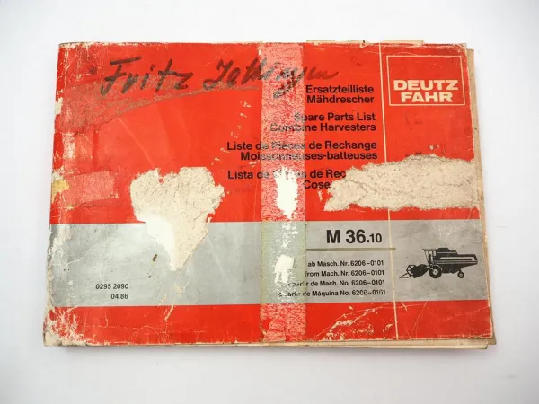 Deutz Fahr M36.10 Mähdrescher Ersatzteilliste Spare Parts List 1986