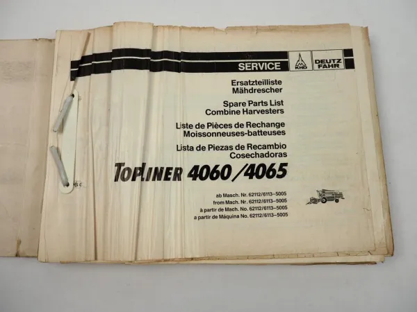 Deutz Fahr Topliner 4060 4065 Mähdrescher Ersatzteilliste Parts List 1992