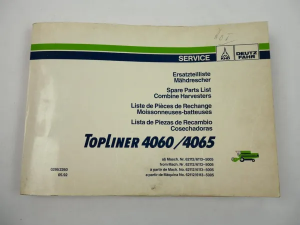 Deutz Fahr Topliner 4060 4065 Mähdrescher Ersatzteilliste Parts List 1992