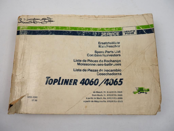 Deutz Fahr Topliner 4060 4065 Mähdrescher Ersatzteilliste Parts List 1996