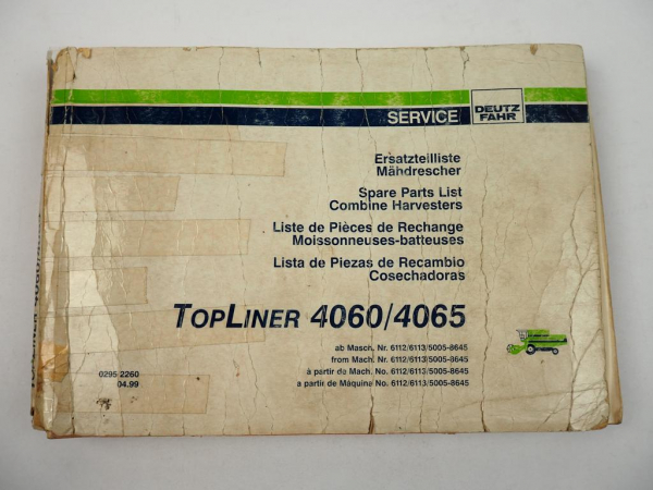 Deutz Fahr Topliner 4060 4065 Mähdrescher Ersatzteilliste Parts List 1999