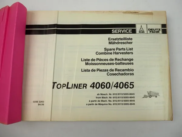 Deutz Fahr Topliner 4060 4065 Mähdrescher Ersatzteilliste Parts List 1999