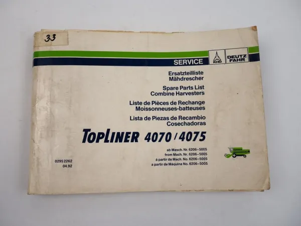 Deutz Fahr Topliner 4070 4075 Mähdrescher Ersatzteilliste Spare Parts 1992