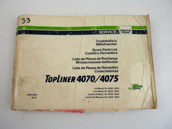 Deutz Fahr Topliner 4070 4075 Mähdrescher Ersatzteilliste Spare Parts List 1997