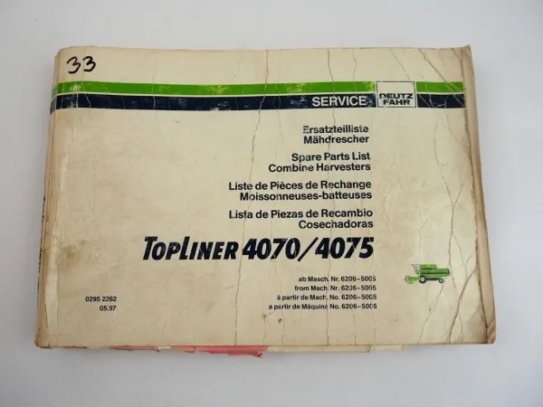 Deutz Fahr Topliner 4070 4075 Mähdrescher Ersatzteilliste Spare Parts List 1997
