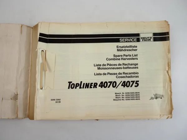 Deutz Fahr Topliner 4070 4075 Mähdrescher Ersatzteilliste Spare Parts List 1999